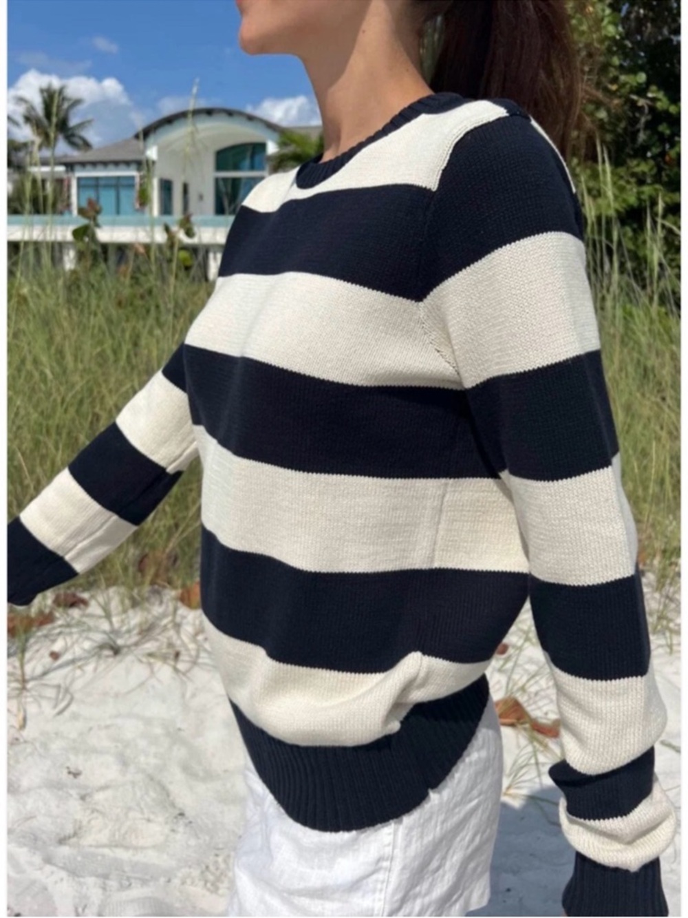 John Galt Navy and Cream Striped Sweater Womens OS